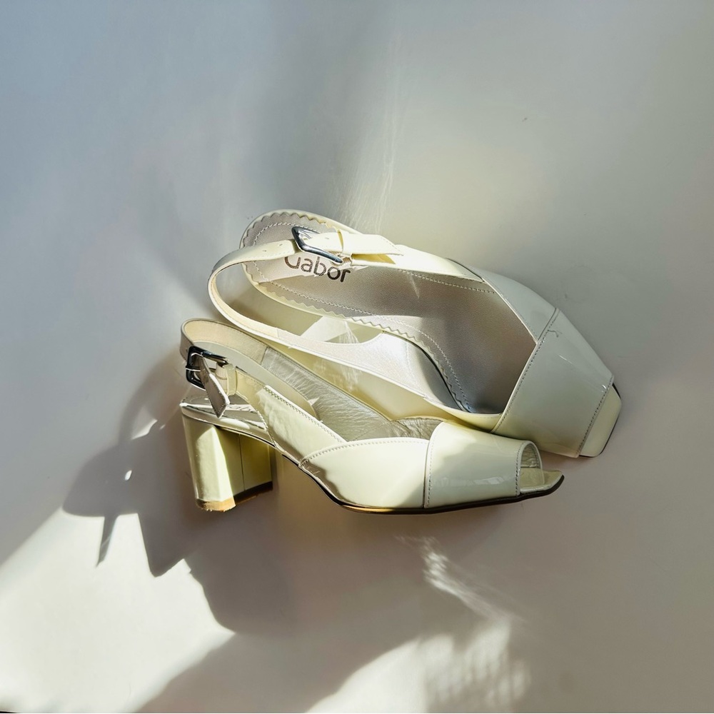 Gabor Cream Patent Leather Mary Jane Block Heel Pumps